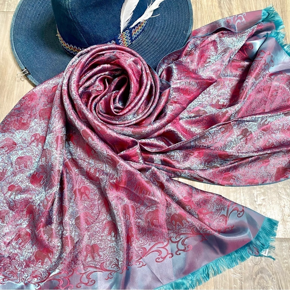 ✨ Enchanting SILK Pink and Teal SCARF/body wrap w Gypsy southwestern vibe - Picture 4 of 16